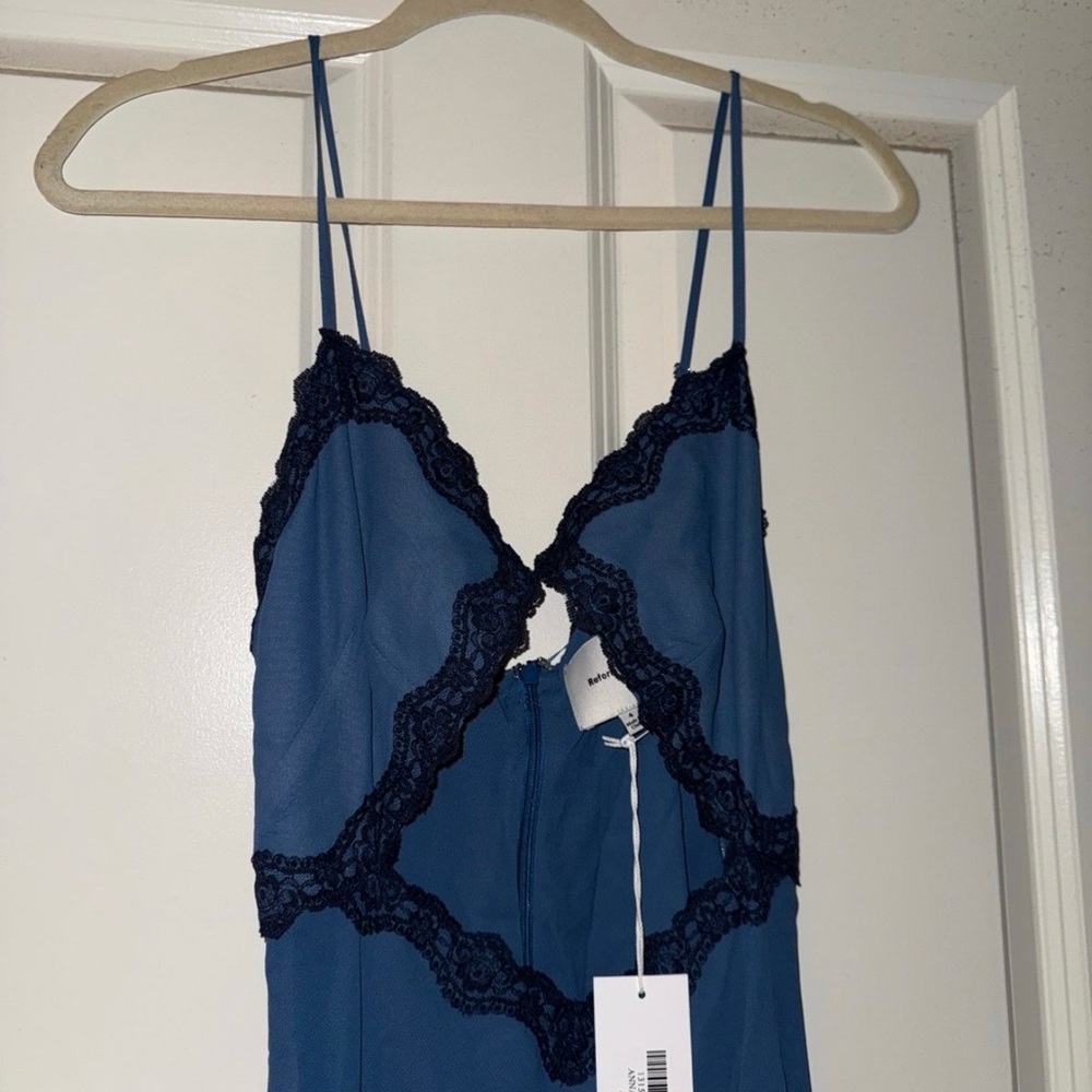 Reformation Blue Maxi Slip Dress with Navy Lace Trim - Picture 2 of 8